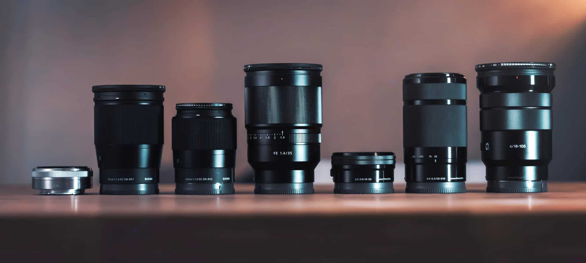 Various camera lenses on a table