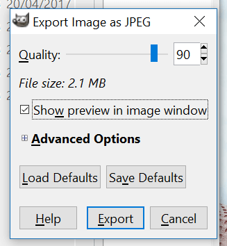 GIMP export dialog