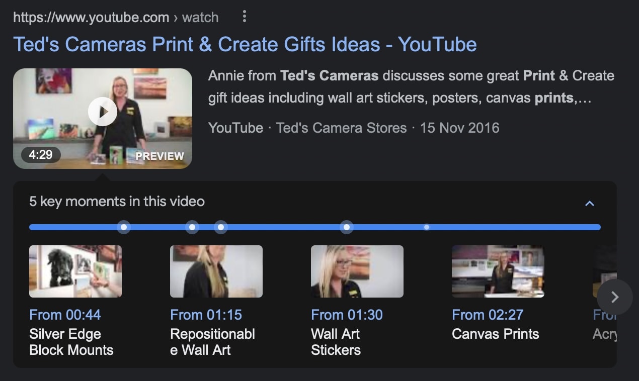 Ted's Cameras YouTube Video with Chapters Search Results