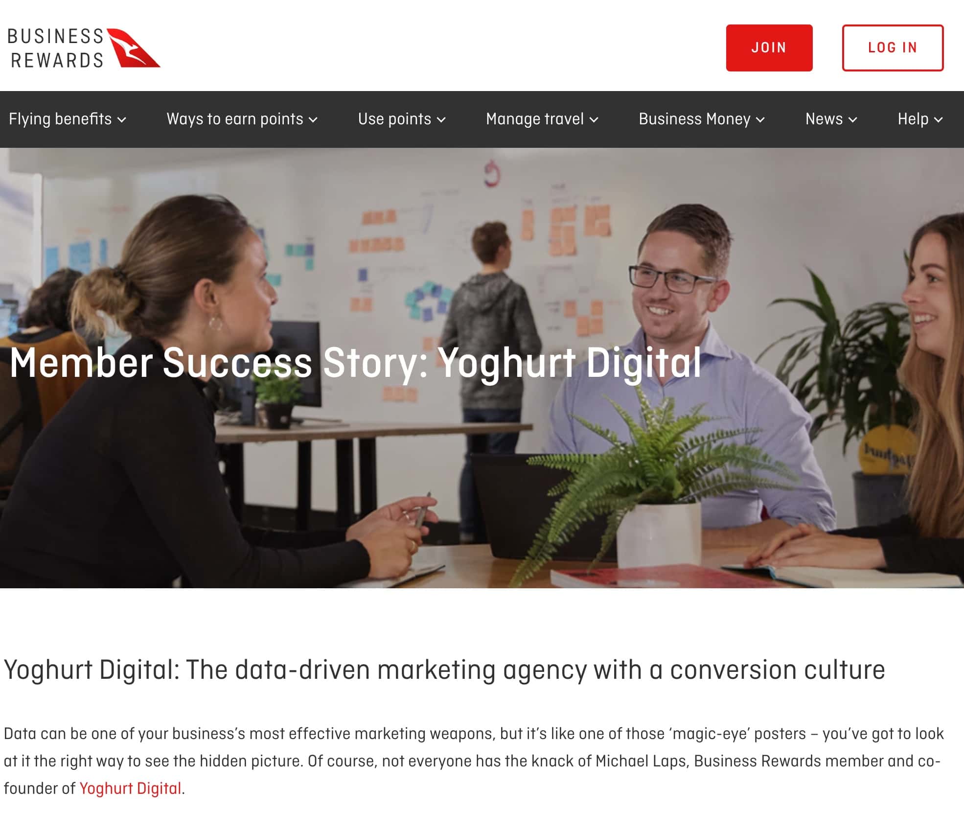 Qantas Business Yoghurt Digital Backlink Example